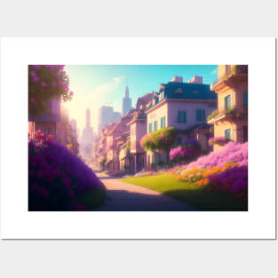 City street with beautiful flowers Posters and Art